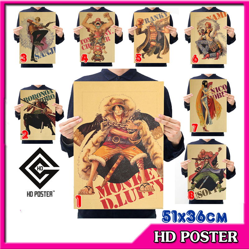 Poster One Piece Team Mũ Rơm 51x36cm Vintage - Hình Vua Hải Tặc - Luffy, Zoro, Sanji, Nami, Franky, Chopper, Robin,...