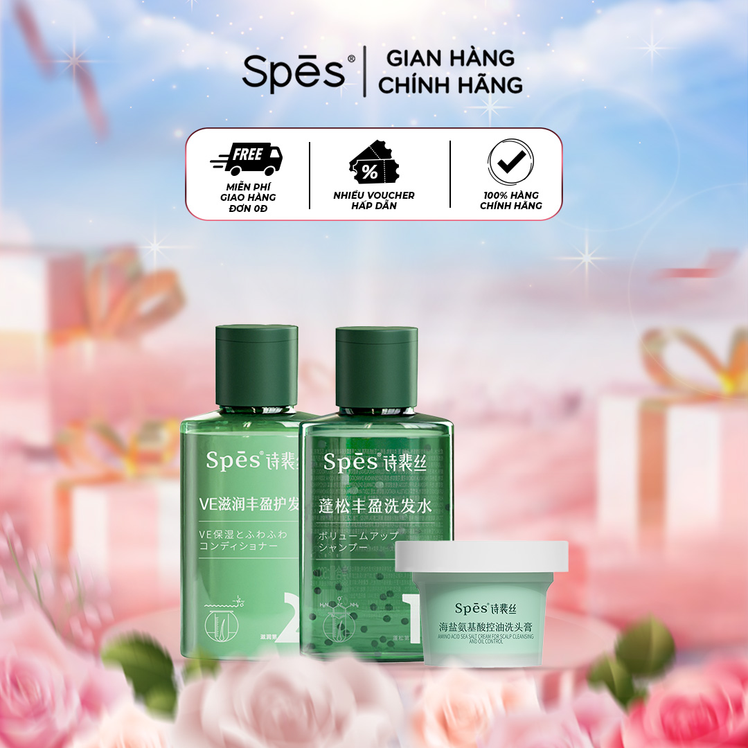 Combo dầu gội, xả, tẩy tế bào chết SPES cho tóc bồng bềnh, dưỡng ẩm, mềm mượt, sạch gàu size 100 ml