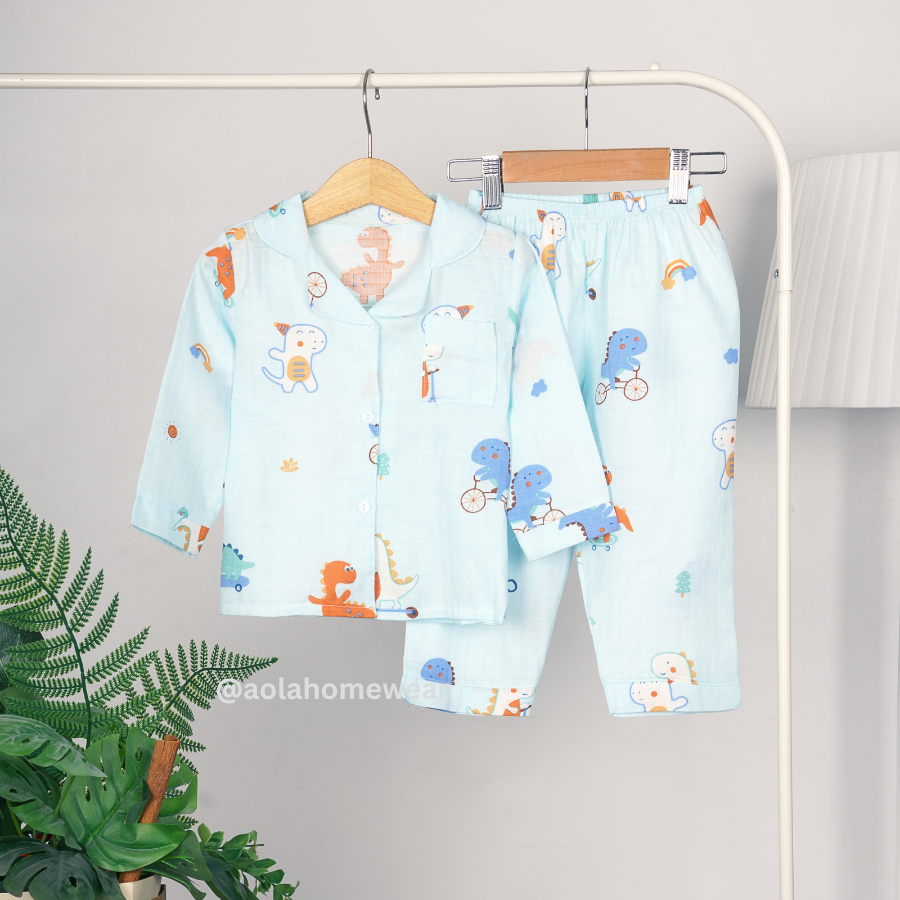 Pijama bé trai bé gái dài tay vải xô Áo Lá Homewear A066 đồ ngủ trẻ em size đại cotton nằm điều hòa bốn mùa