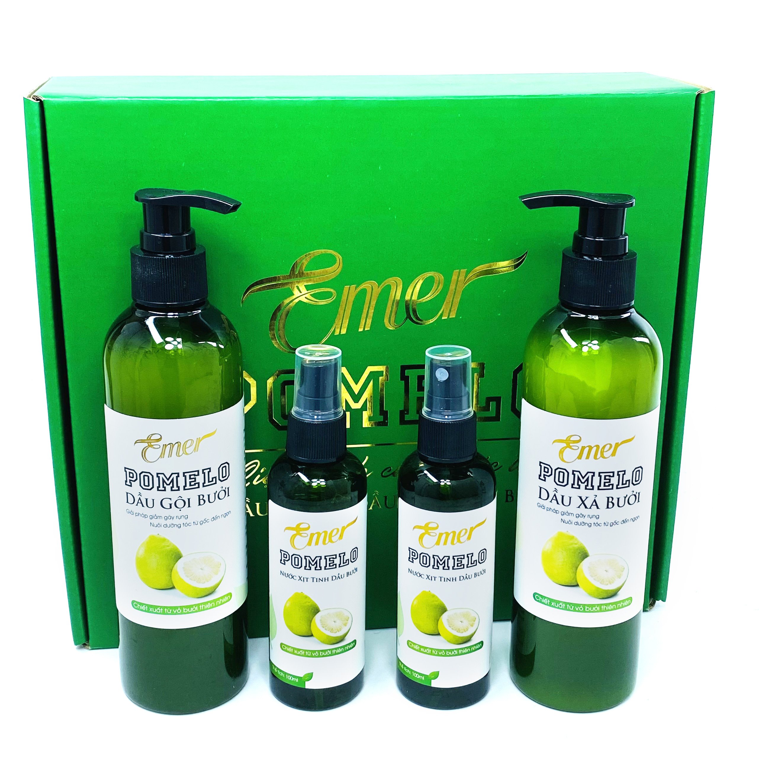 [LIỆU TRÌNH GIẢM RỤNG MƯỢT TÓC] Dầu gội bưởi kích mọc tóc Pomelo Emer 300ml + Dầu xả bưởi Pomelo Emer 300ml + 2 chai Tinh dầu bưởi xịt mọc tóc Pomelo Emer (100ml x 2) giúp giảm rụng tóc kích mọc tóc nhanh hơn gấp 2 đến 3 lần
