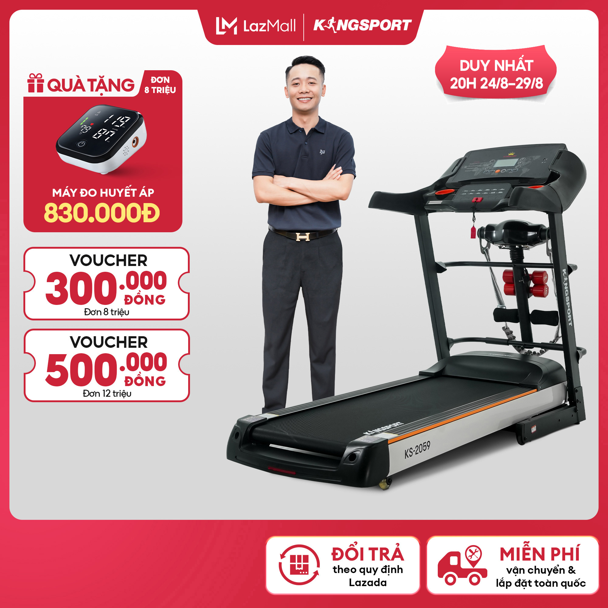 [Chỉ 25-29.8 | Tặng Máy đo 830K] Máy chạy bộ KINGSPORT KS-2059 New nâng dốc tự động 18%, tốc độ tối đa 18km/h, kèm đai massage và thanh gập bụng