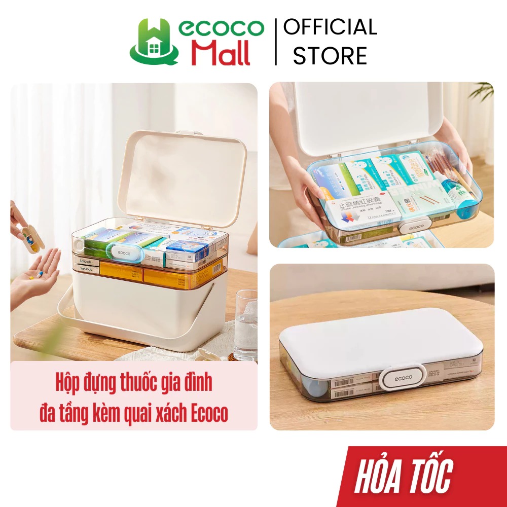 Hộp đựng thuốc gia đình ECOCO thông minh tích hợp nhiều ngăn kèm quai xách thế hệ mới Hộp bảo quản thuốc y tế chia ngăn