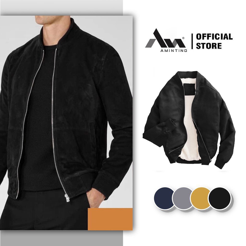 Áo khoác nam da lộn bomber lót lông Amintino áo bomber nam 2021