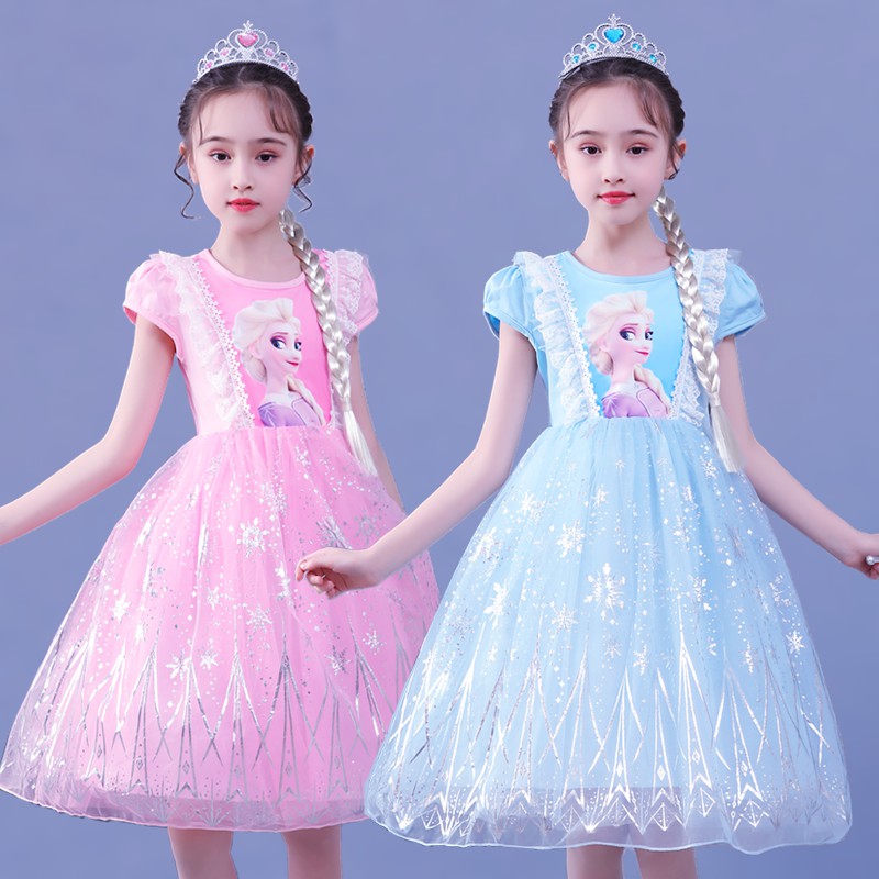 Váy công chúa elsa kèm phụ kiện vương miện, đũa, tóc mẫu ren mềm xinh đẹp mới 2021
