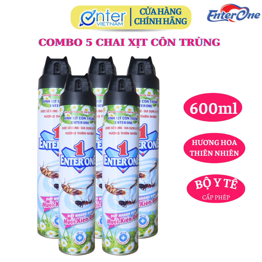   Hàng Chính Hãng  Bình xịt côn trùng EnterOne hương hoa thiên nhiên 600ml {Combo 5 chai}. Xịt diệt kiến ba khoang diệt gián diệt muỗi vằn 