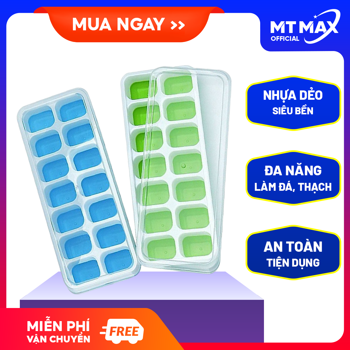 Khay làm đá silicon 14 ô có nắp đậy, Khay làm đá viên, Khay làm nước đá cao cấp tiện lợi