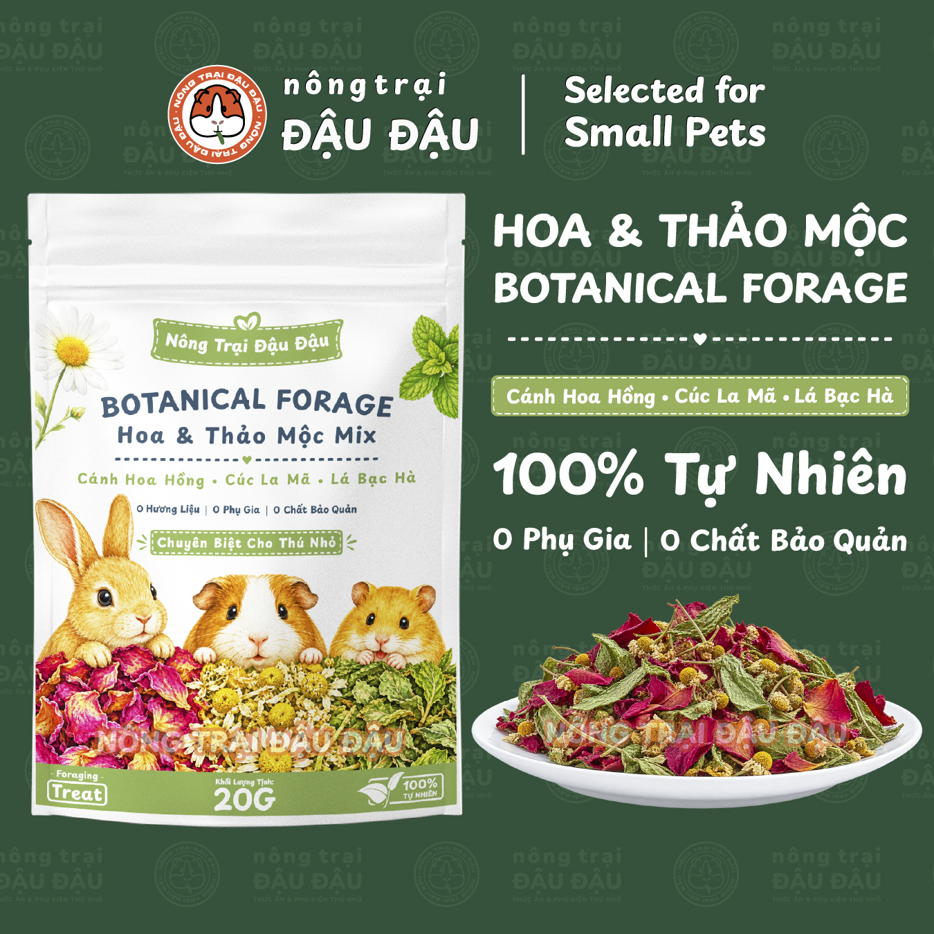 Hoa Thảo Mộc Mix Sấy Khô Cho Thỏ, Bọ Ú, Hamster Cúc La Mã, Hoa Hồng, Lá Bạc Hà Nông Trại Đậu Đậu 20g