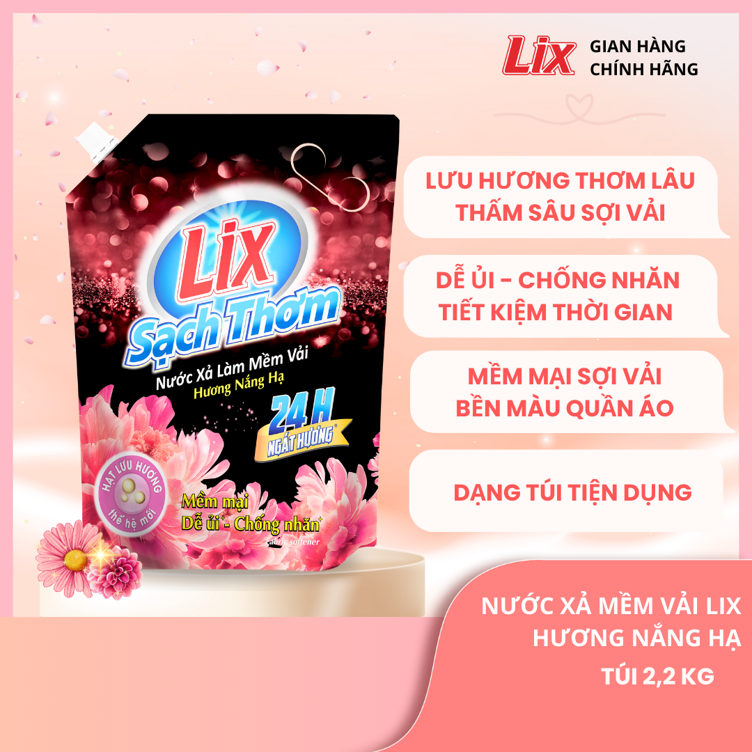 Nước xả làm mềm vải Lix sạch thơm hương nắng hạ túi 1,8L/2,2L - Nước xả hạt lưu hương thơm lâu thấm sâu sợi vải - Lixco Việt Nam