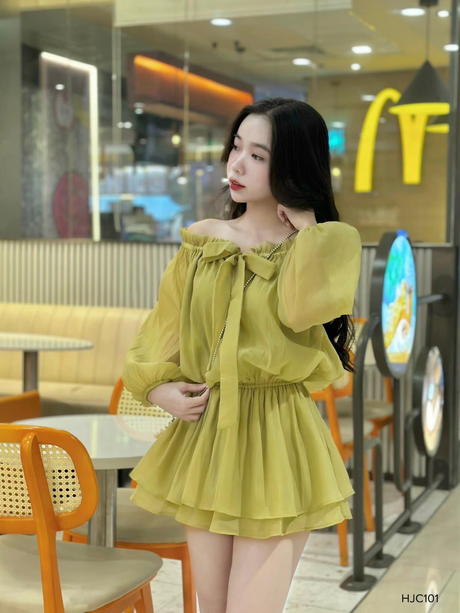 Jum voan trễ vai nơ ngực bánh bèo siêu dể thương chibest hjc101