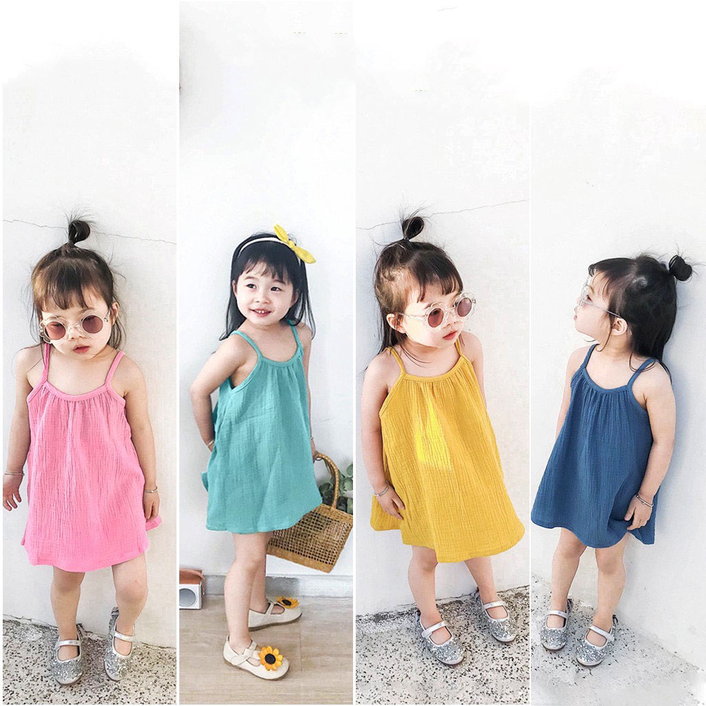 Váy 2 Dây Cho Bé Gái Màu Vàng Chất Đũi Hai Dây Mát Lạnh Mùa Hè Cho Bé