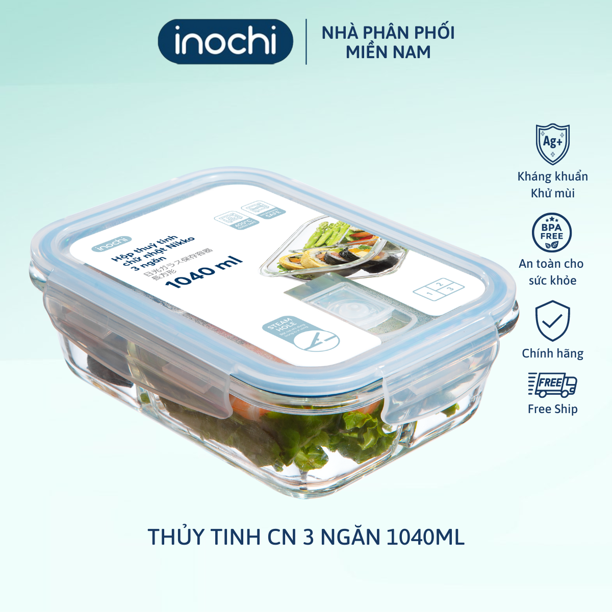 Hộp thủy tinh chữ nhật Nikko 1040 ml (3 ngăn)