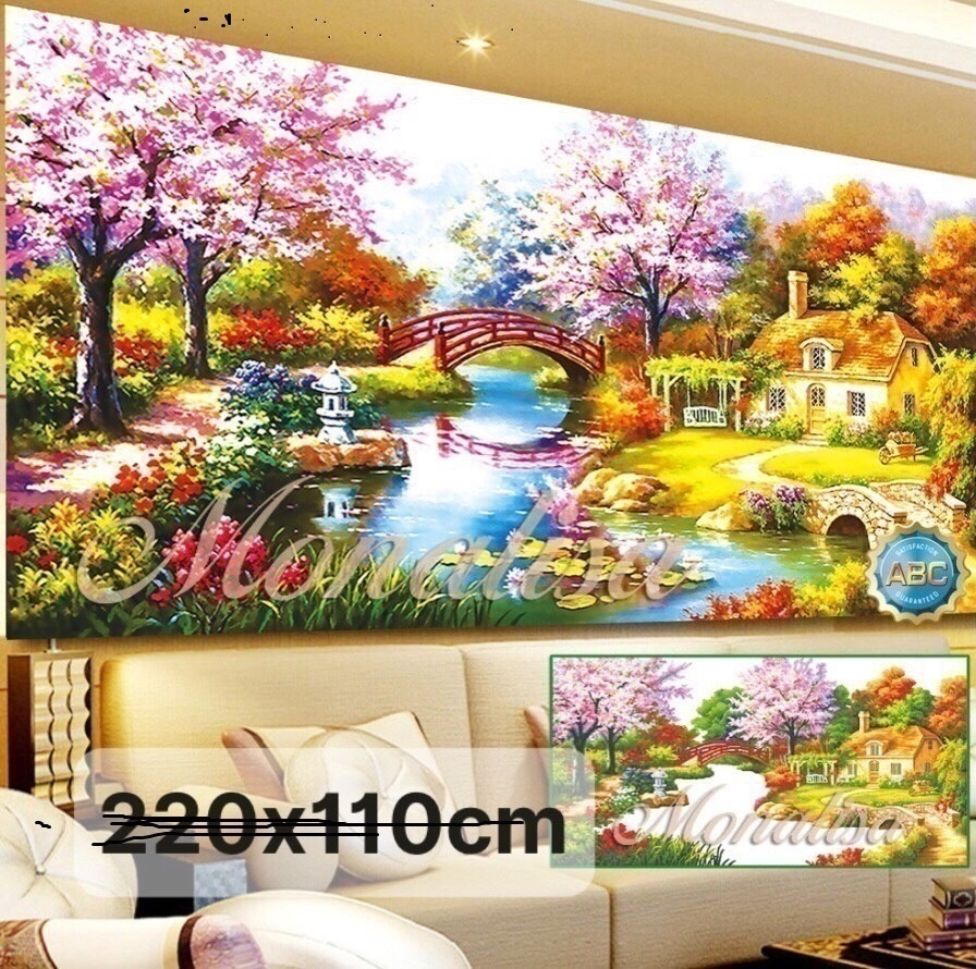 Tranh đính đá phong cảnh làng quê chiều vàng tuyệt đẹp 220X110CM