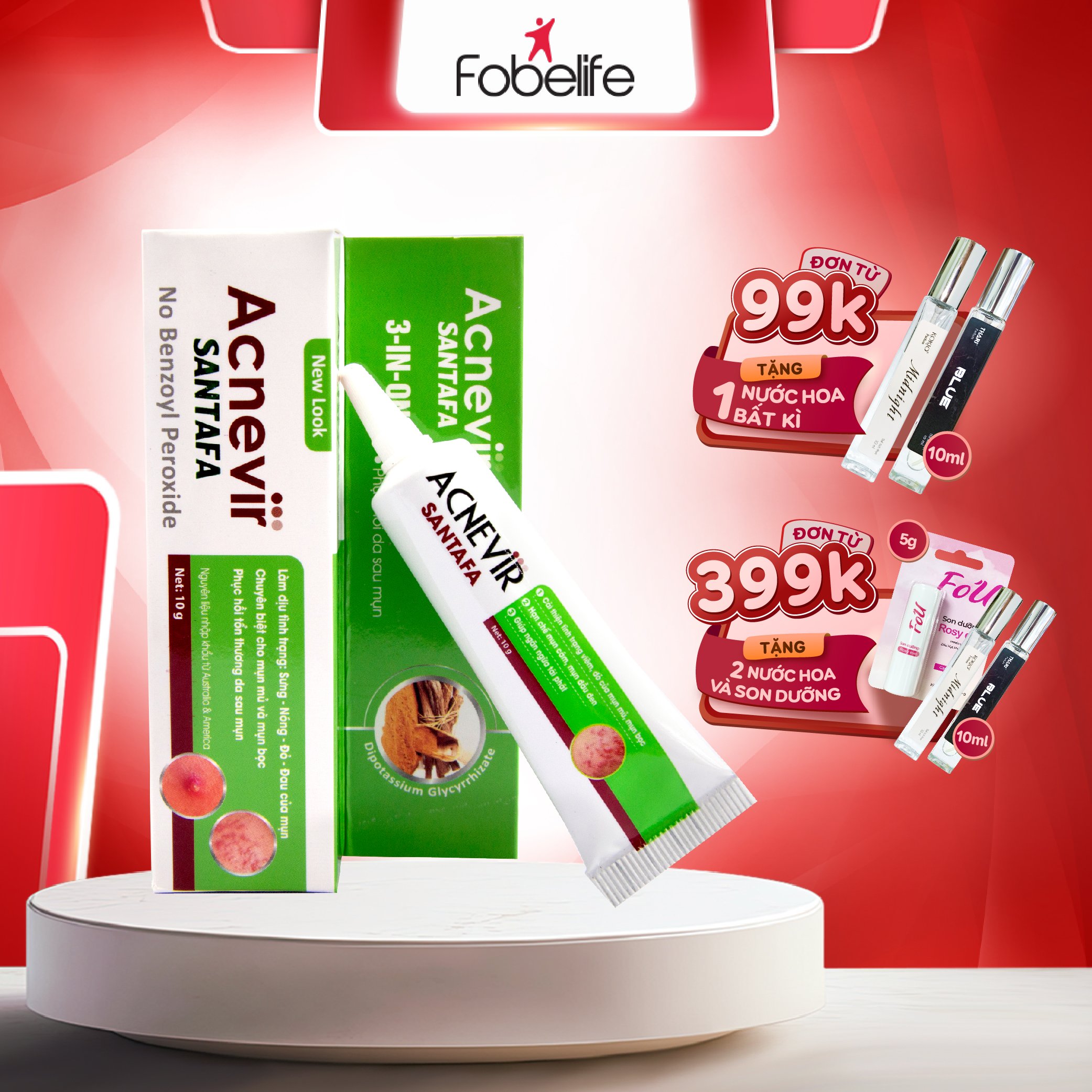 Kem Giảm Mụn Mủ, Mụn Bọc, Mụn Viêm,  Mụn Trứng Cá Acnevir Santafa ( Xanh )- Tuýp 10gr