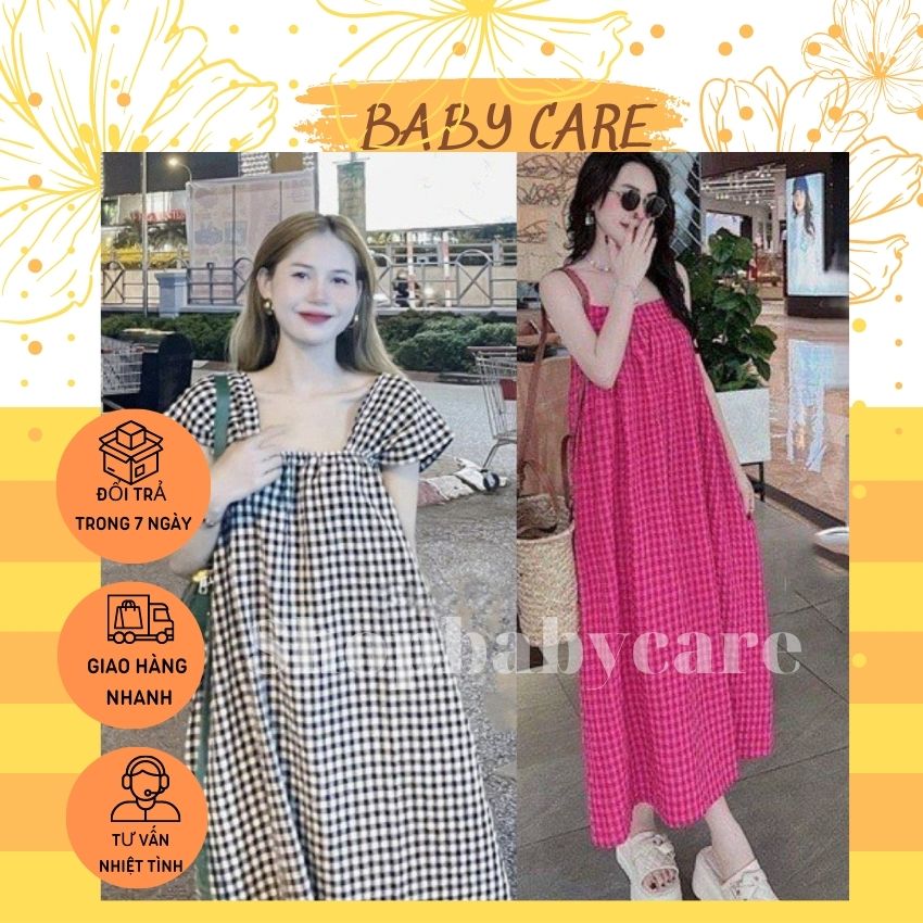 Váy bầu 2 dây bản to chất thô hàn xốp kẻ caro-đầm bầu mùa hè chất mát nhiều màu