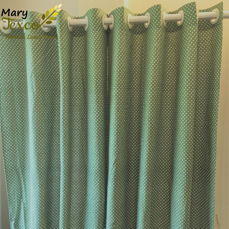 Rèm cửa Mary Texco đẹp decor trang trí nhà cửa nhiều mẫu mã , hoàn thiện đục lỗ ô rê, ốp khoen nhựa trắng D45 mm - họa tiết Chấm bi xanh -R-C04