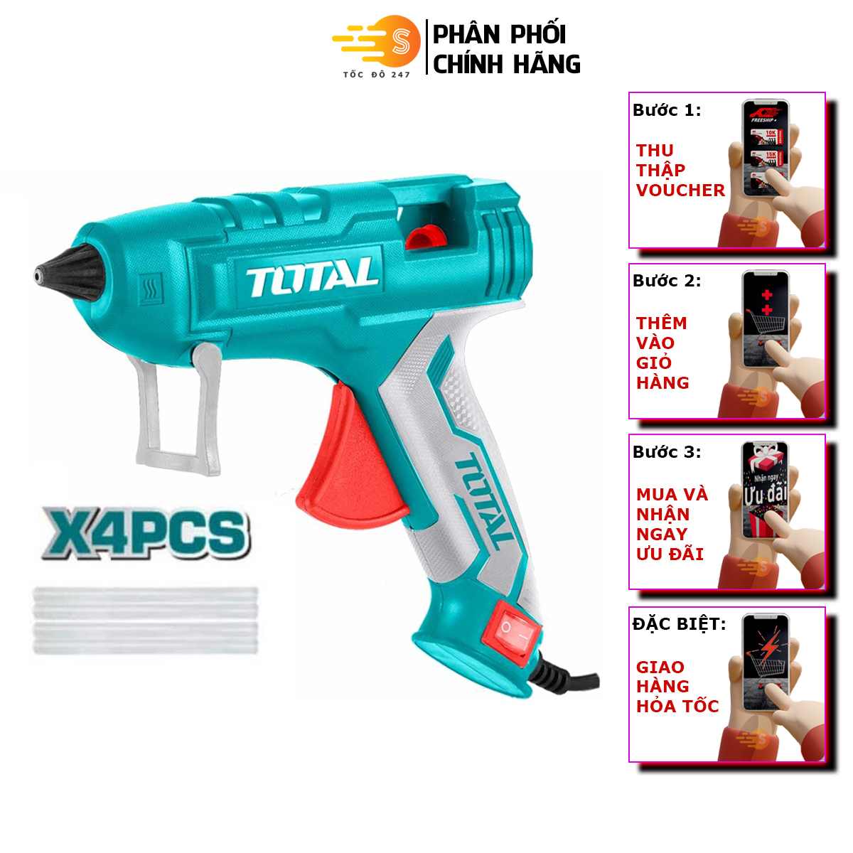 Súng bắn keo nến dùng điện 25w total tt201116 tặng kèm 4 thanh keo - thiết bị bơm keo, loại lớn, tay cầm chắc chắn, keo 11.2mm - tốc độ 247