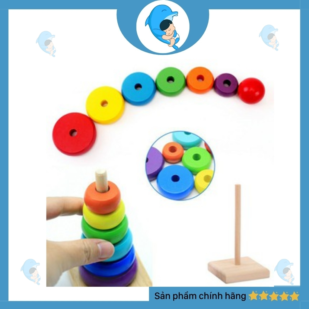 Bộ đồ chơi tháp xếp chồng gỗ 7 sắc cầu vồng cho bé nhận biết màu sắc kích thước 2 size