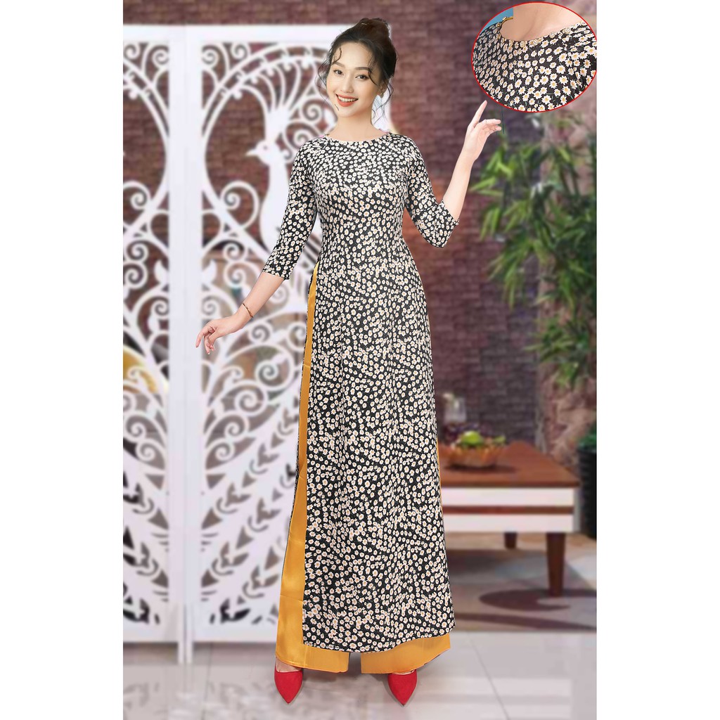 [HCM]Áo dài truyền thống lụa nhật bông cúc cổ đính hột ( áo kèm quần) sản phẩm tốt với chất lượng độ bền cao và được cam kết sản phẩm y như hình