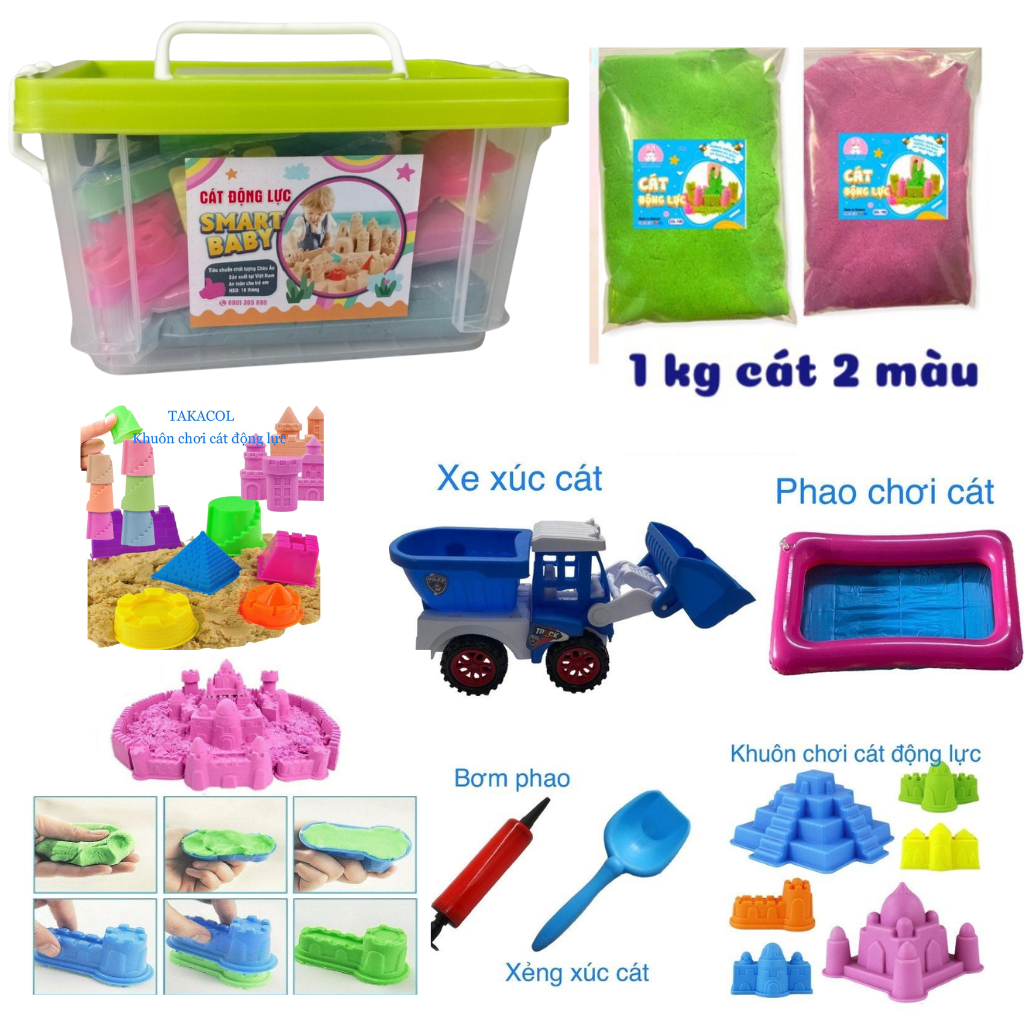 Vali Cát động lực SMART BABY Hàng VN kèm khuôn chơi, phao, bơm, xẻng, ô tô xúc cát/ chở cát - Bộ đồ chơi cho bé phát triển tư duy trí tuệ cực tốt, an toàn cho bé