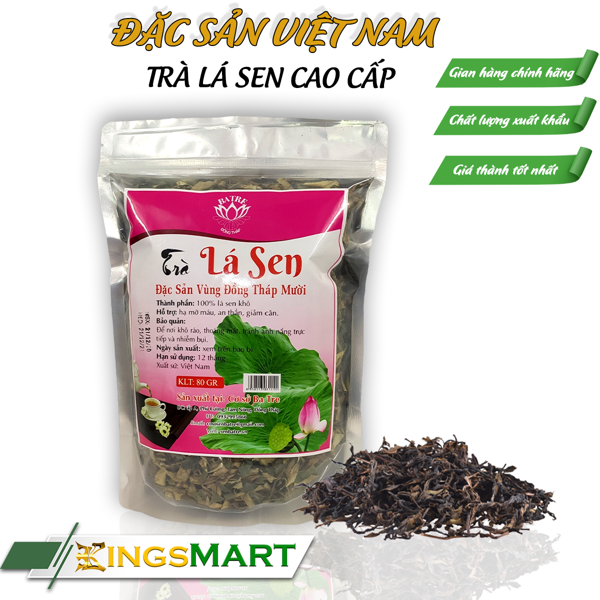 Trà Lá Sen - Thương hiệu Ba Tre - Đặc sản Đồng Tháp - Túi 80g - Kingsmart