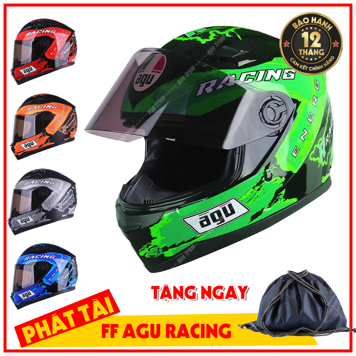 Nón fullface agu tem racing đỏ, tặng kèm túi đựng nón