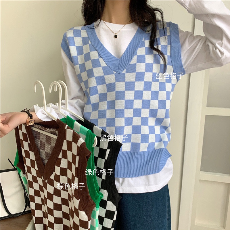 Áo gile len nữ kẻ caro from rộng cổ tim, áo khoác len dệt kim phong cách Hàn Quốc trẻ trung dễ phối đồ