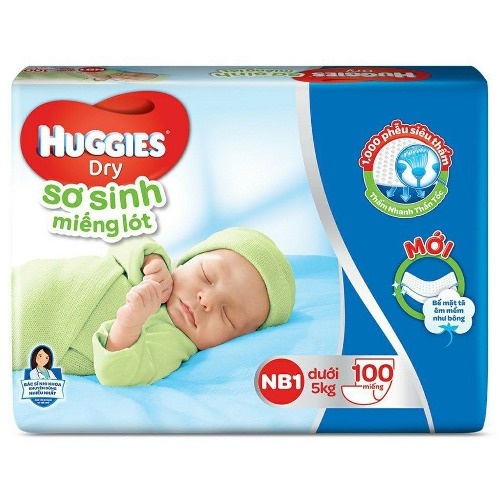 Miếng lót sơ sinh Huggies NB1 100 miếng dành cho bé dưới 5kg thiết kế siêu thấm, nhanh chóng thấm hút mọi chất lỏng - TINI KIDS PLAZA