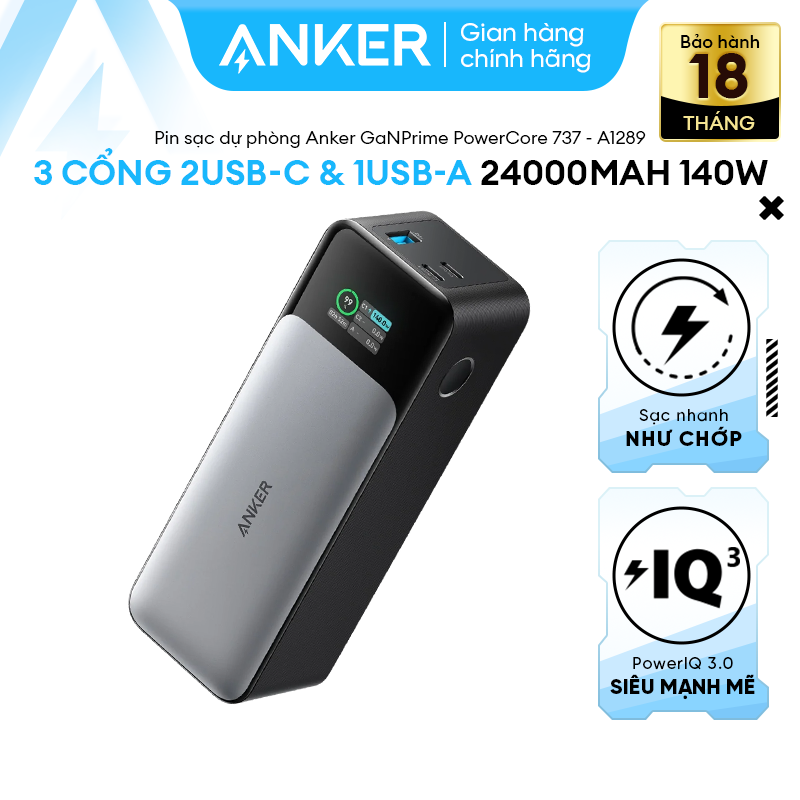 Pin Sạc Dự Phòng ANKER 737 GaN Prime PowerCore 24000mAh 140W - 3 cổng 2USB-C & 1USB-A - A1289