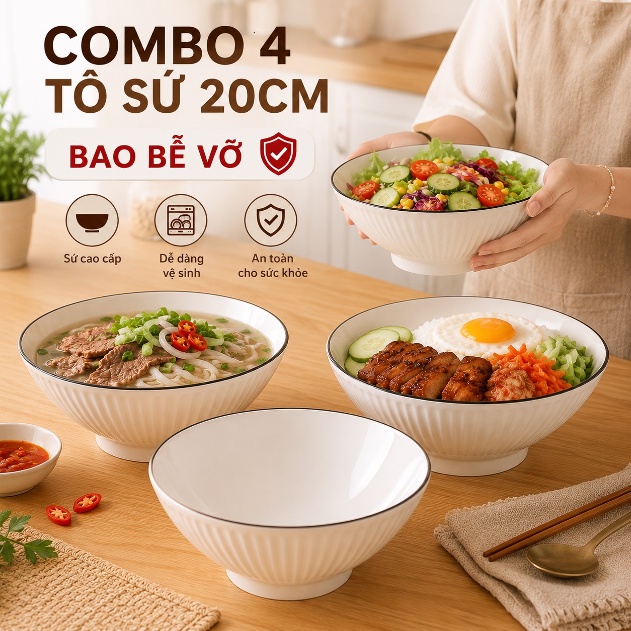 Set 4 tô canh tròn họa tiết sứ trắng viền đen 20cm, tô đựng canh, hủ tiếu, phở , decor sang trọng