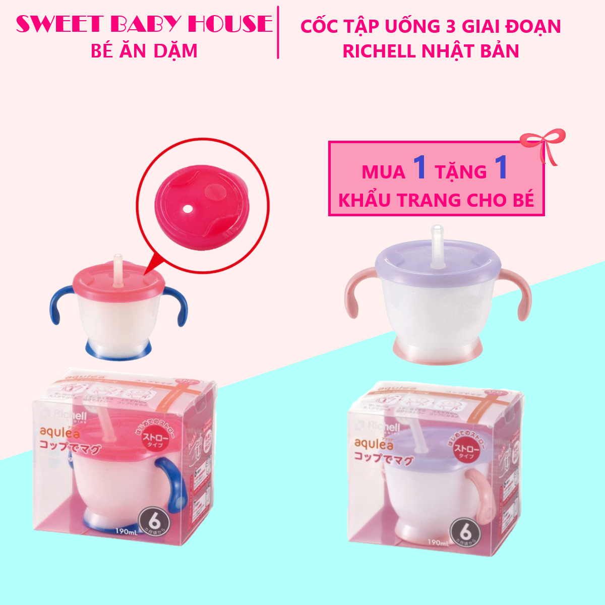 Cốc tập uống 3 giai đoạn Richell chính hãng Nhật cho bé từ 6 tháng tuổi
