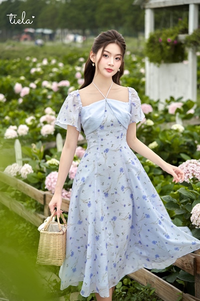 Tiela Đầm váy hoa xanh cột chéo-Xenia Dress