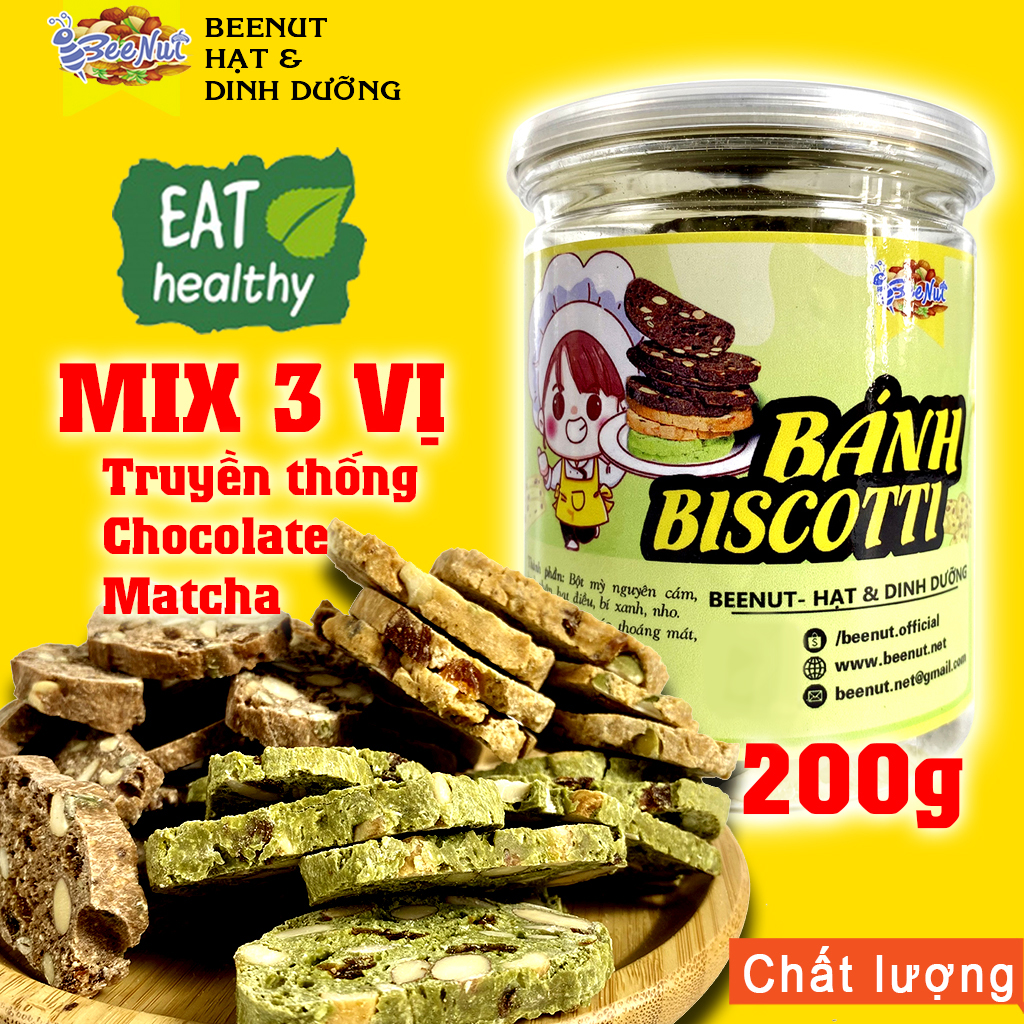 Bánh biscotti ăn kiêng 25g 200g - Biscotti 3 vị truyền thống vị matcha vị chocolate - Bánh ngũ cốc giảm cân - BeeNut