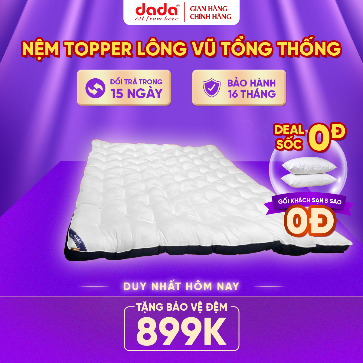 Nệm Topper Lông Vũ Microfiber Tiêu Chuẩn Hạng Phòng Tổng Thống President DADA - Dày 9cm