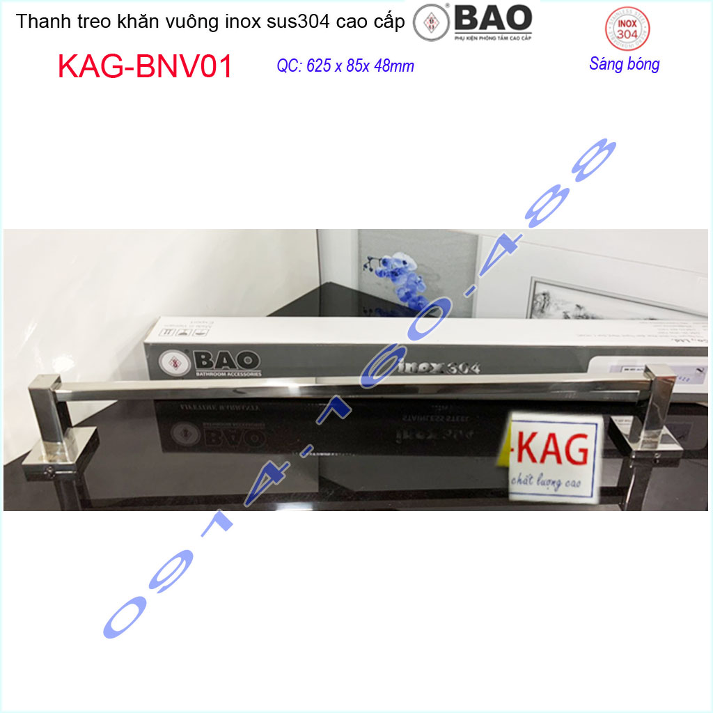 Thanh treo khăn Inox Bảo KAG-BNV01, máng khăn SUS304 đế đúc vuông cao cấp thiết kế tuyệt đẹp