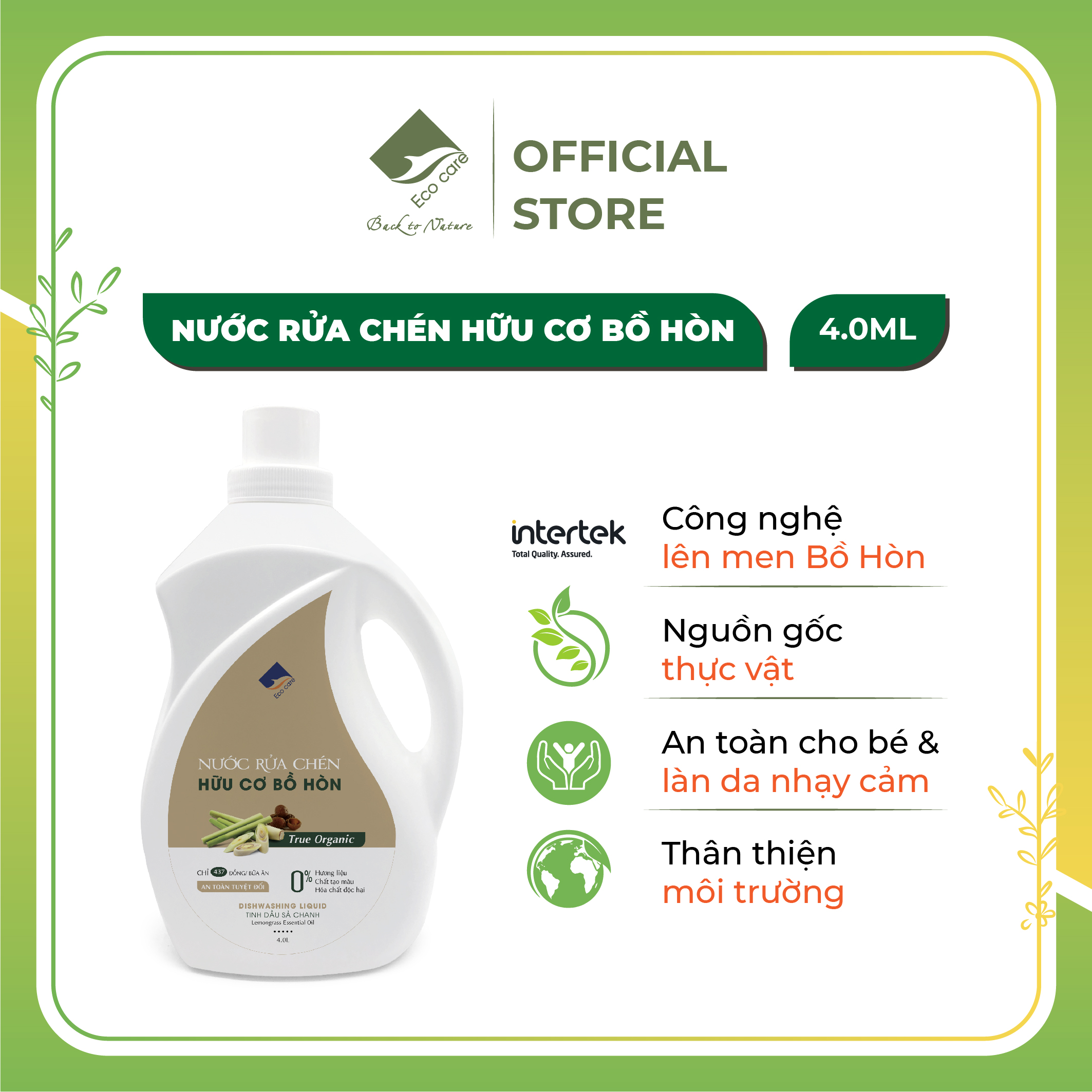 Nước rửa chén hữu cơ Bồ hòn 4000ml, Nước rửa bát hữu cơ tự nhiên, bộ sản phẩm vệ sinh bát đĩa Ecocare