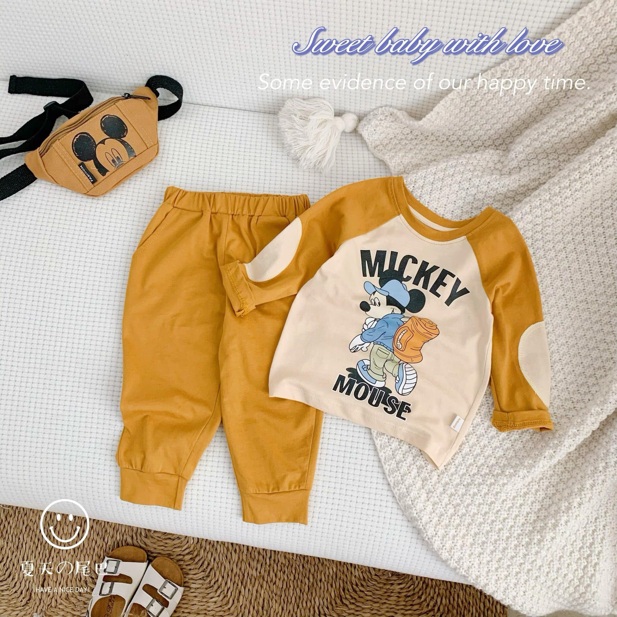 Bộ cotton thu đông Mickey cho bé