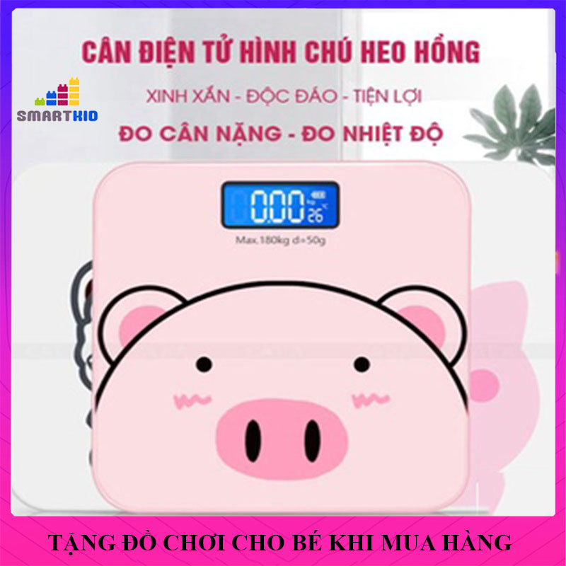 Cân Sức Khoẻ, Cân Điện Tử Hình Heo Hồng, Pin Tiểu, Kính Cường Lực, Màn Hình Điện Tử Kèm Đo Nhiệt Độ Phòng, BH 24 Tháng
