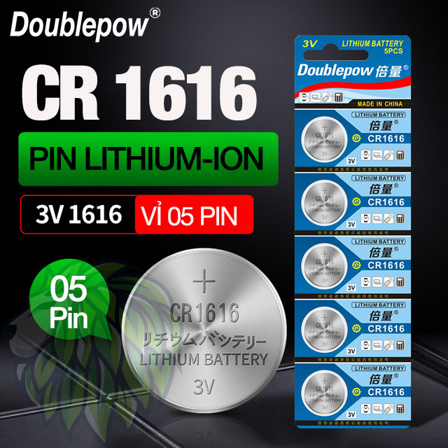 Pin nút CR1616 3V (Vỉ 5Pin) dung lượng cao Doublepow - Pin cút áo 1616 cho đồng hồ kỹ thuật số, chìa khóa xe, van cảm biến áp suất lốp, bút laser, thiết bị thể dục và các thiết bị y tế