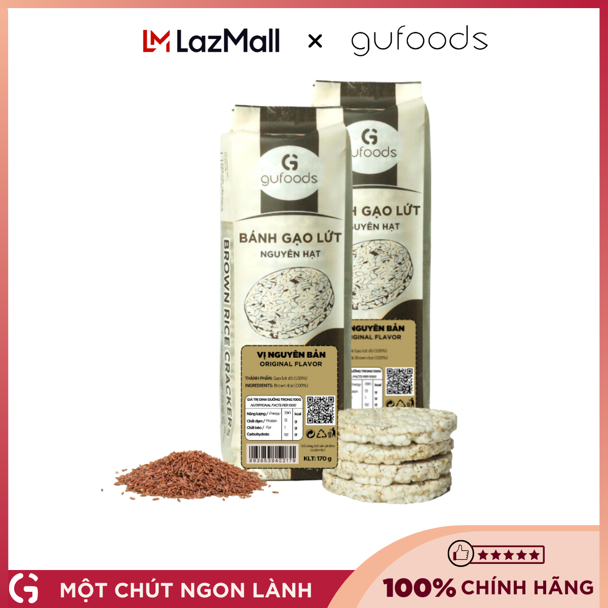Combo 2 gói Bánh gạo lứt ăn kiêng - tập GYM GUfoods - Vị Nguyên bản - Không đường, Phù hợp Eat clean, Thực dưỡng
