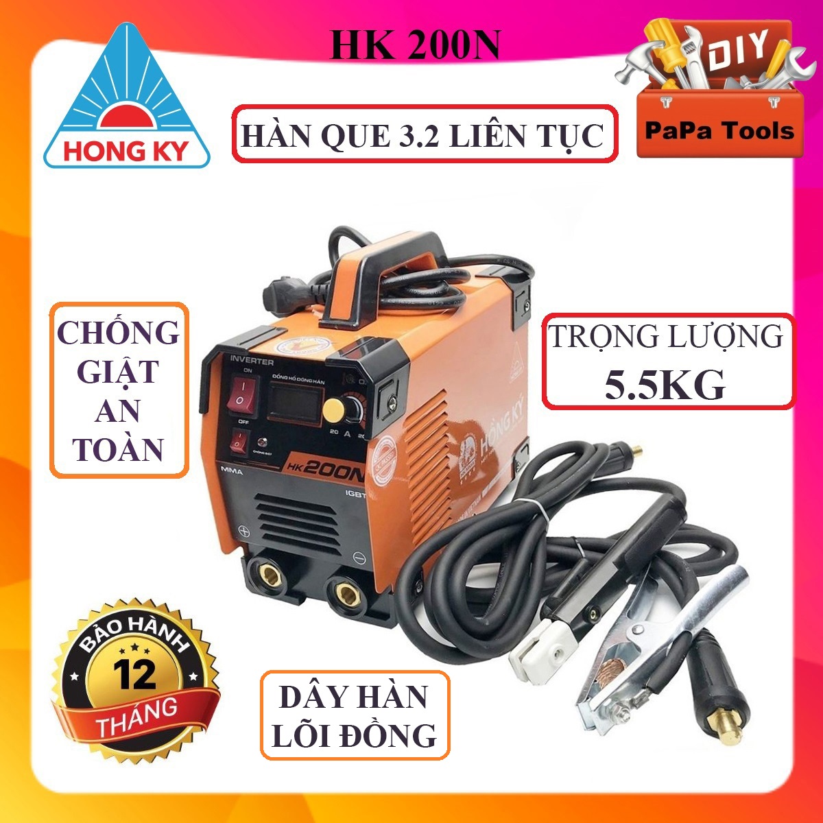 Máy hàn Hồng Ký HK200N - Chống giật, que hàn 1.6 - 3.2mm, bảo hành 12 tháng - đảm bảo chất lượng (Được Phân Phối Bởi PAPA TOOLS)