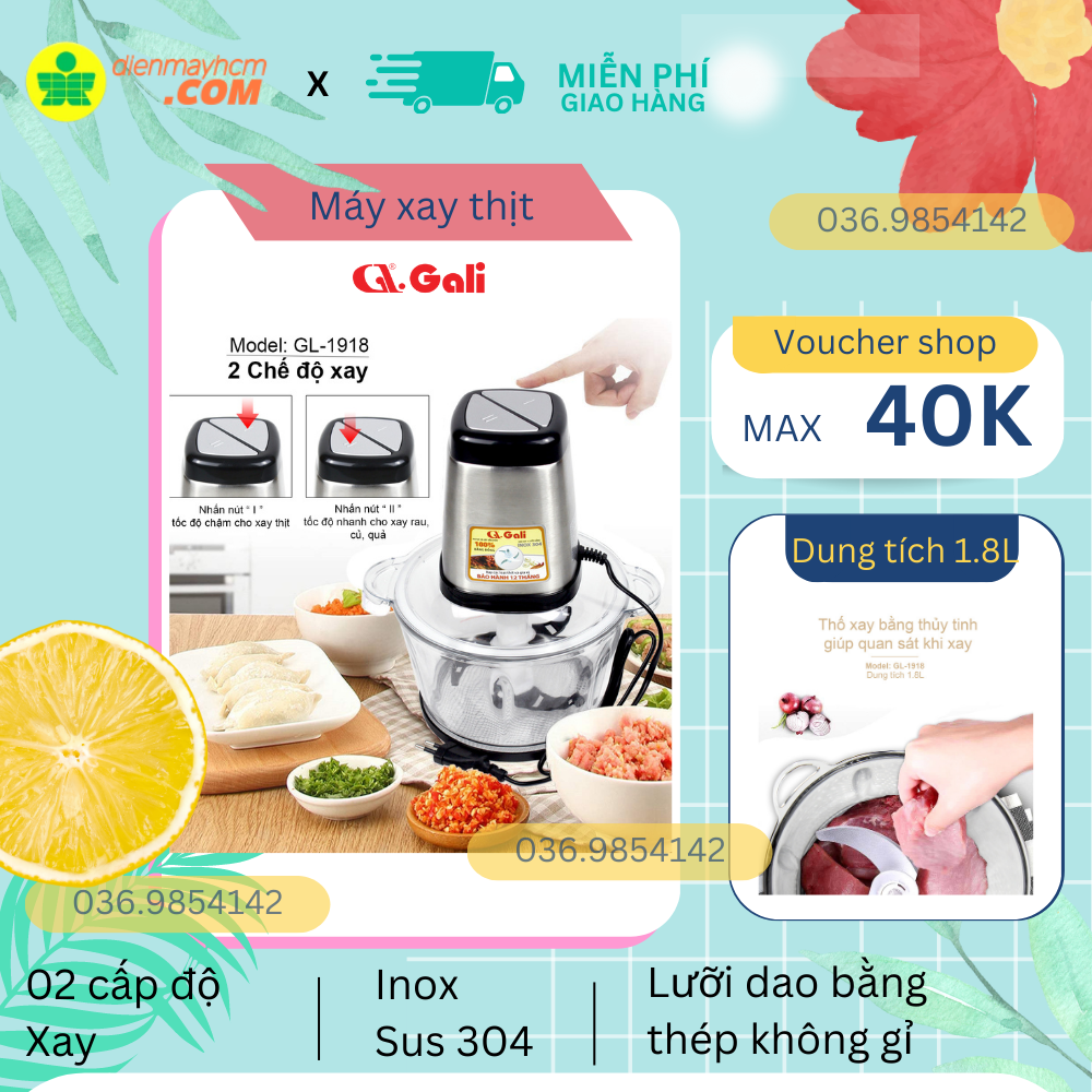 Máy xay thịt gali gl-1918 500w dung tích 1.8l 4 lưỡi xay 2 tốc độ hàng chính hãng bảo hành 12 tháng