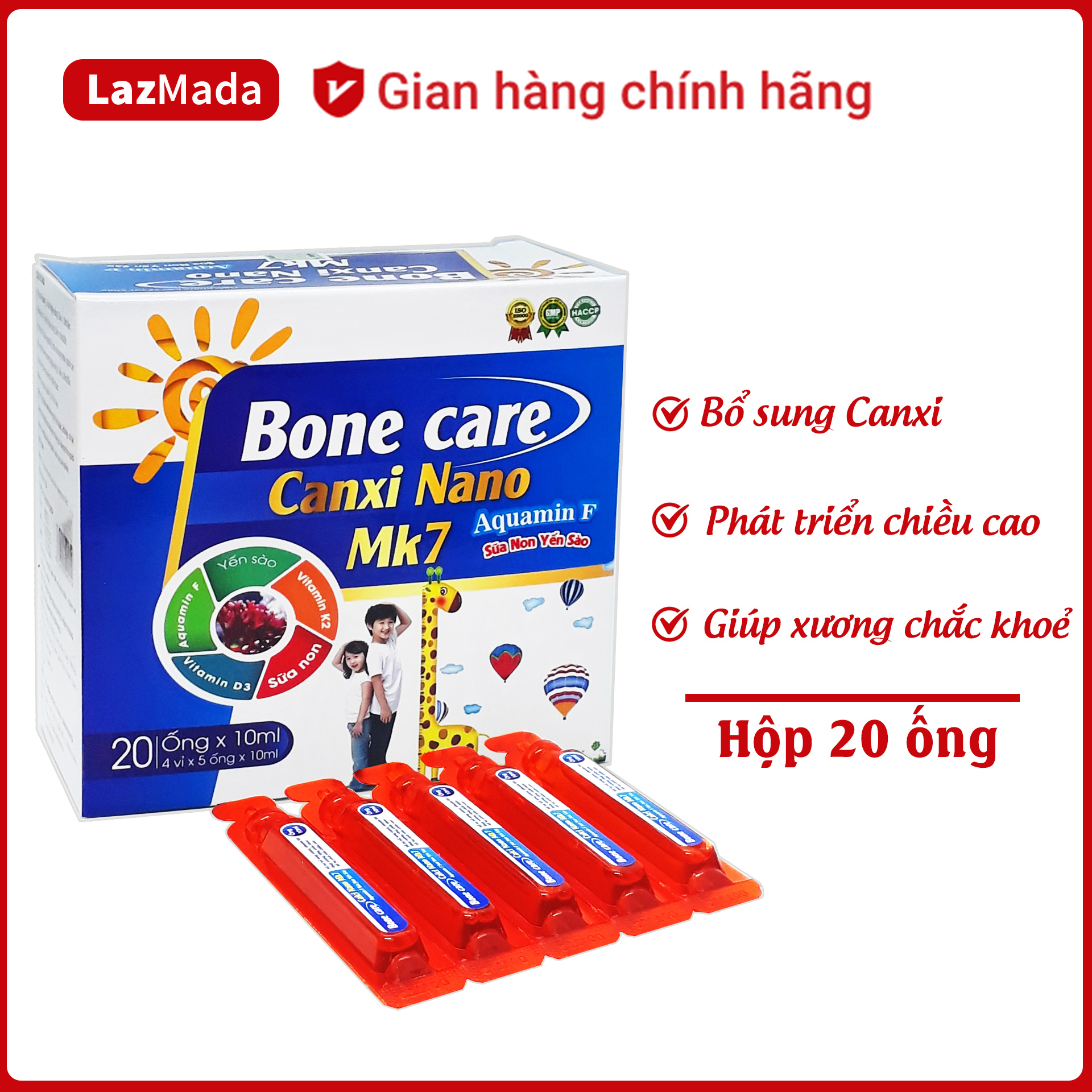 Siro tăng chiều cao Bone Care Canxi Nano Mk7 - Bổ sung canxi, vitamin giúp phát triển chiều cao, xương chắc khỏe, giảm còi xương cho trẻ   - Hộp 20 ống 10ml chuẩn GMP