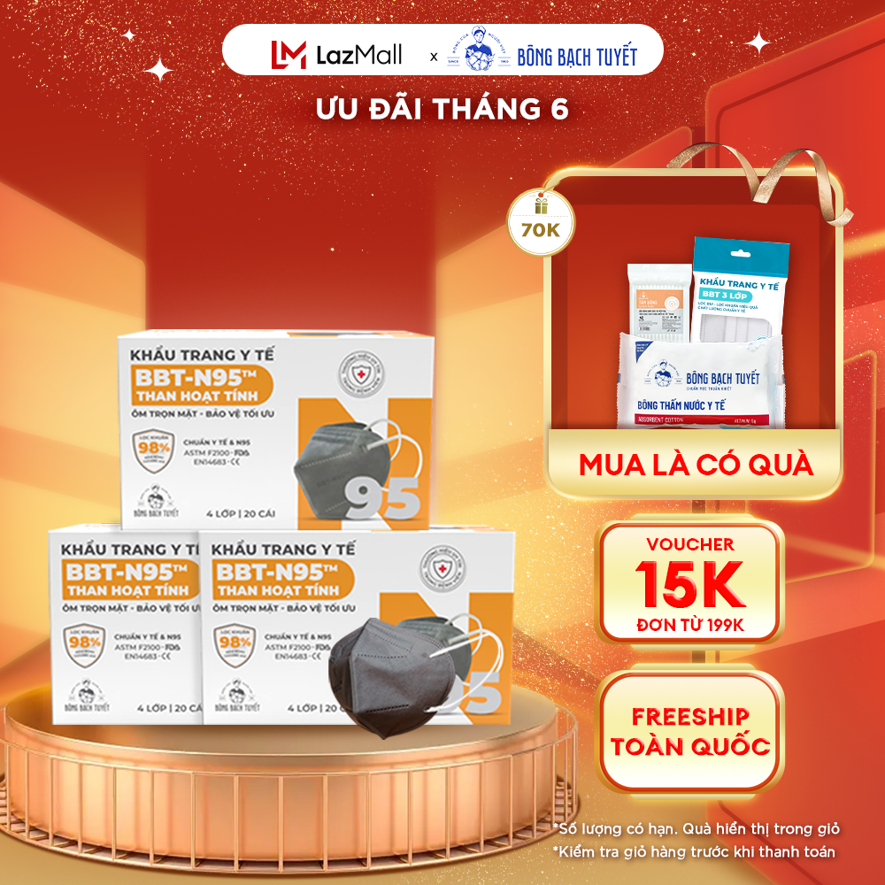 Combo 3 hộp khẩu trang bông bạch tuyết n95 than hoạt tính