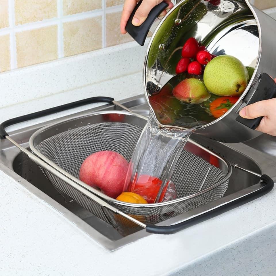 Rổ inox đựng rau củ quả, Để ngang chậu rửa bát, ráo kiệt nước không để tràn ra bếp HQ4502