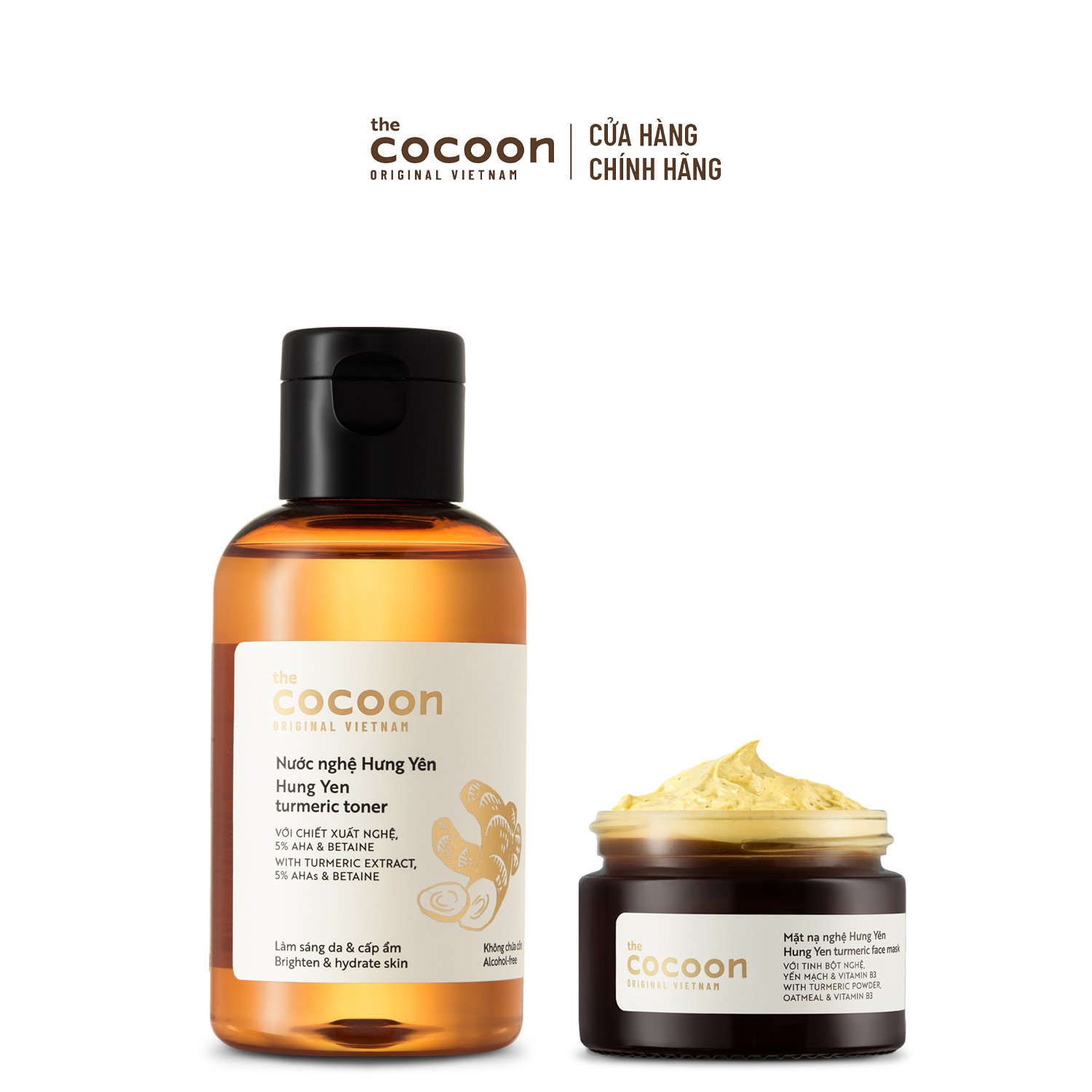 Combo Nước nghệ Hưng Yên 5% AHA 140ml + Mặt nạ nghệ 30ml Cocoon