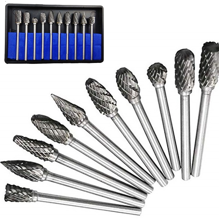 Bộ 10 mũi mài hợp kim Tungsten - Mũi làm gỗ lũa chạm khắc sắt thép cốt 3ly