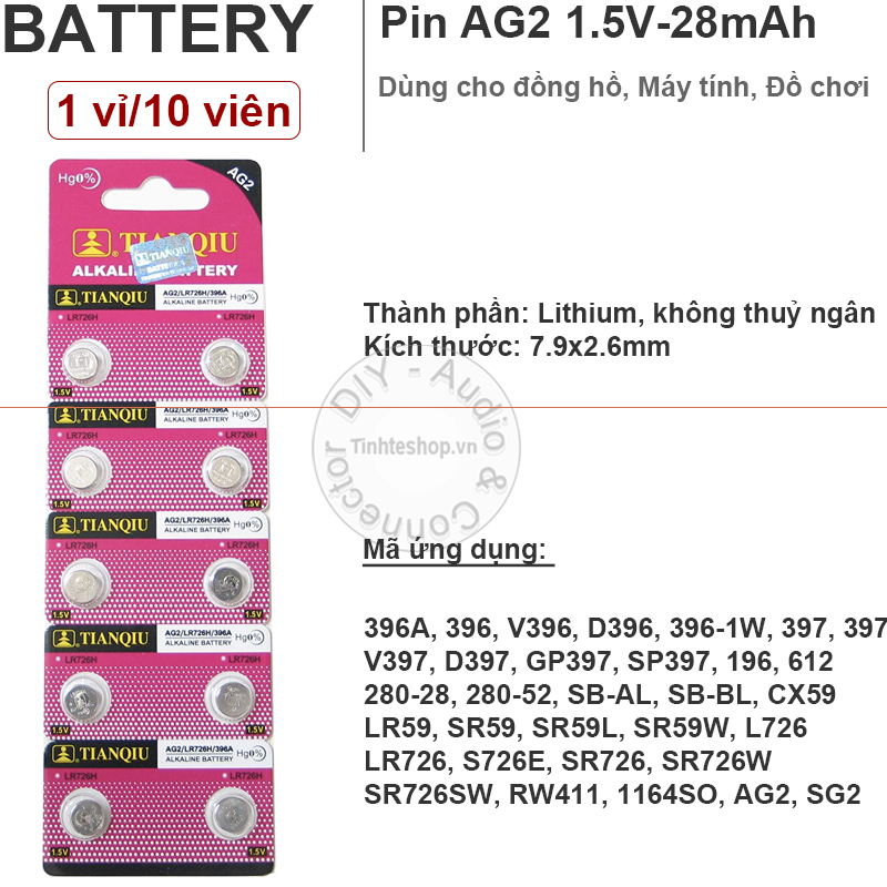 1 vỉ 10 viên - PIN đầu đũa AG2 LR726 LR59 SR726W SR726SW SR59 397 396 GP96A 196 TIANQIU 1 vỉ 10 viên (dòng an toàn, không Thủy Ngân)