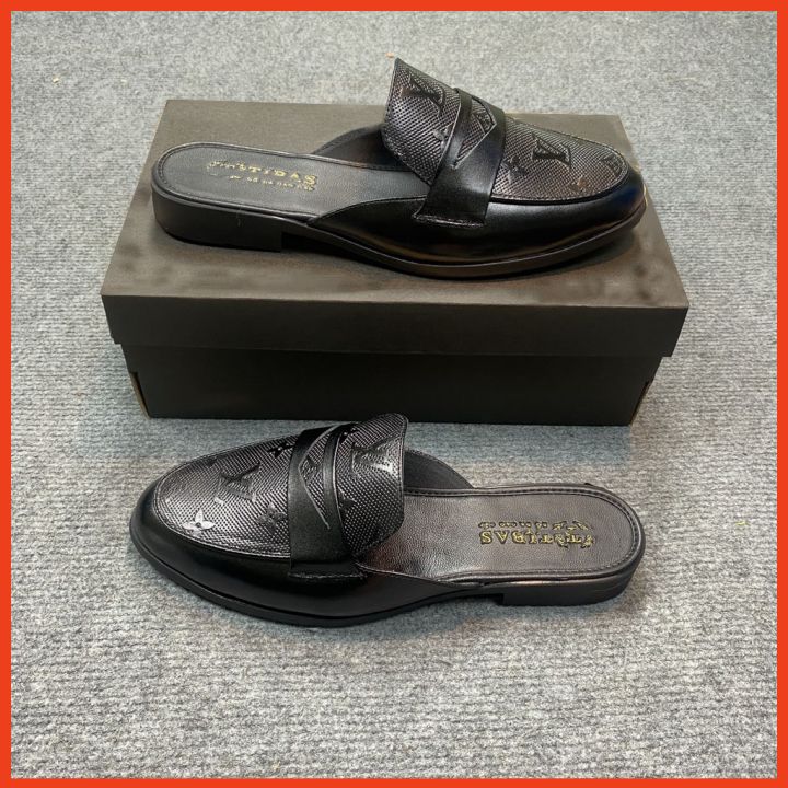 Giày sục nam da bò black cao cấp - giày sục công sở nam hở gót màu đen sang trọng gs06