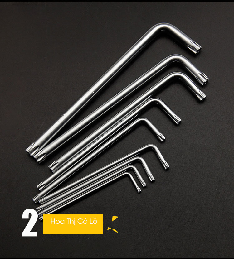 Bộ lục giác hoa thị - Chất liệu thép CRV chuẩn gồm 9 cây có lỗ - Giup1 cho viêc vặn ốc bulong trở lên dễ dàng hơn.