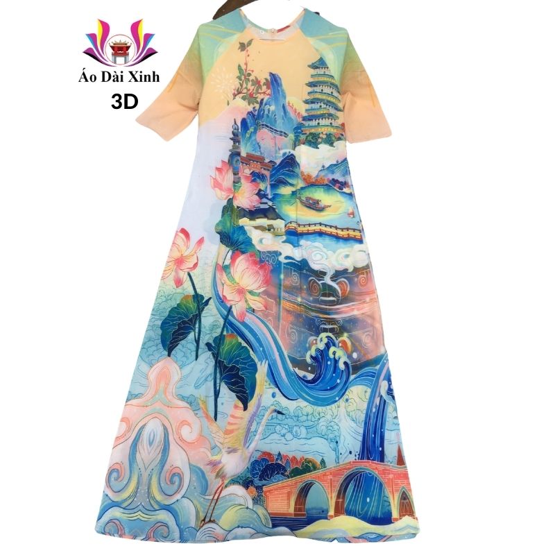 Áo dài truyền thống in 3D lụa Nhật cổ tròn tay lỡ màu vàng nhạt hoa sen.